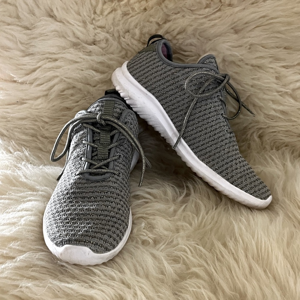 Gray/ Gold Sparkle Fly Knit Sneakers Tennis Shoes